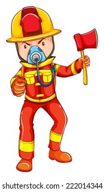 Illustration of a simple coloured sketch of a fireman on a white background 