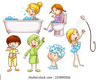 Illustration of the simple coloured sketches of people taking a bath on a white background 