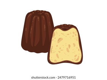 Ilustración de un canelé simple y una sección transversal de un canelé