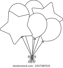 Una ilustración de un simple y lindo manojo de globos en forma de estrella y redondos