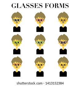 Illustration of a simple and cute facial expression 9 pattern of a medium-haired man with glasses set