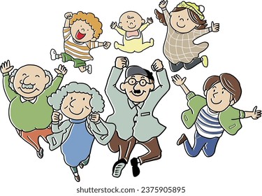 Ilustración de una familia simple y linda de tres generaciones de padres y descendientes saltando en alta tensión