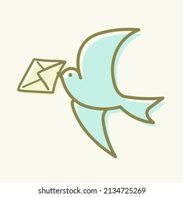 Illustration of simple and cute little bird delivering letter (retro style)