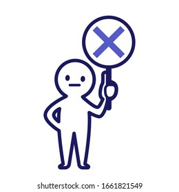 Illustration eines einfachen, deformierten Menschen, der ein "X"-Tag mit seiner linken Hand hält