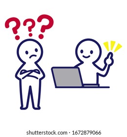 Illustration of a simple deformed human with a question mark in his head and a pointing finger raised while using a computer
