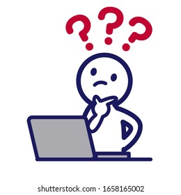 Illustration of a simple deformed human using a personal computer with a question mark on his head