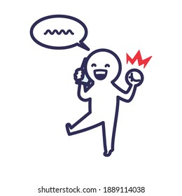 Illustration of a simple and deformed human who makes a guts pose while making a phone call