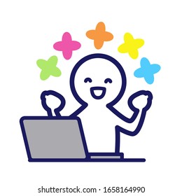 Illustration of a simple deformed person using a personal computer smiling and happy