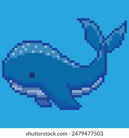 Illustration of simple design blue whale in pixel style. Vector of blue whale for website, poster, design, presentation.