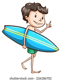 Illustration of a simple drawing of a boy going to the beach with a surfing board on a white background 