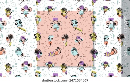 Illustration simple drawing, doodle art kid style. Abstract graphic design, seamless vector pattern with colorful and cute cartoon portrait for print, card, cover, banner, textile, background.