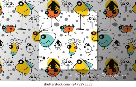 Illustration simple drawing, doodle art kid style. Abstract graphic design, seamless vector pattern with colorful and cute cartoon portrait for print, card, cover, banner, textile, background.