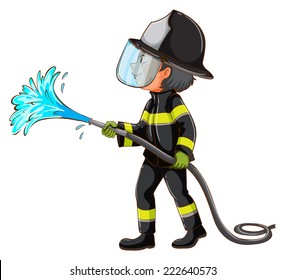 Ilustración de un simple dibujo de un bombero sosteniendo una manguera sobre un fondo blanco  