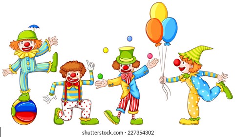 Illustration of a simple drawing of four playful clowns on a white background 