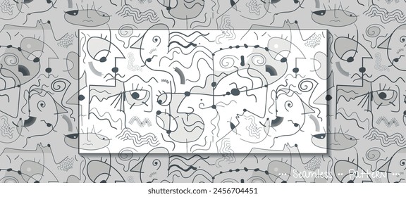 Ilustración dibujo simple forma geométrica, dibujo de garabatos. Diseño gráfico Abstractas, patrón sin fisuras de Vector con línea en blanco y negro. Lindo diseño sin costuras de dibujos animados para la tela de impresión, fondo de Fondo de pantalla