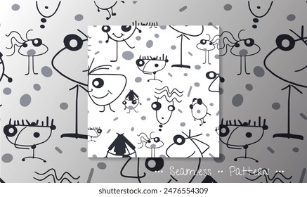 Illustration simple drawing geometric shape, doodle art. Abstract graphic design, vector seamless pattern with black and white line. Cute cartoon seamless design for print fabric, wallpaper background