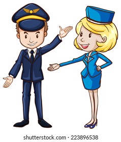 Illustration of a simple drawing of a pilot and a stewardess on a white background 