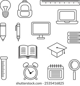 Illustration of simple education icons in a minimalist linear style. Ideal for educational resources, presentations, and design projects.