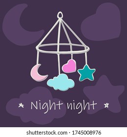 Illustration of simple figures on the strings at baby cradle on the dark night background