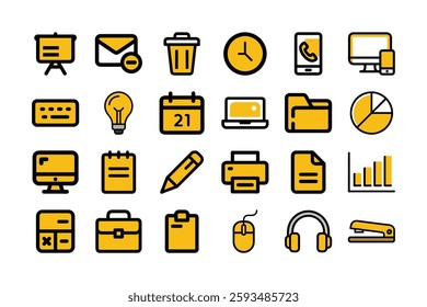 illustration of simple, flat design icons representing various office tools and applications.
