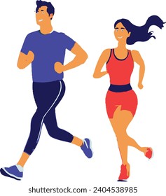  illustration in simple flat style and characters - man and woman running in the park - sport poster and banner - healthy life style concept