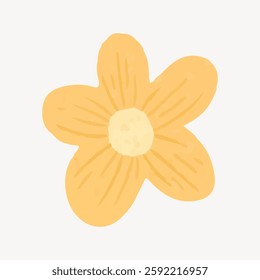 Illustration of a simple, flat, yellow flower with five petals. The flower has a central round core. Yellow flower design on a plain background. Isolated vector illustration.