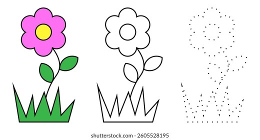 Illustration of a simple flower with three stages: fully colored, outlined for coloring, and dotted for tracing. Ideal for kids activities. Vector illustration