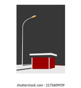 Illustration of a simple garage building architecture at night that is pitch black under a minimalist street lamp 