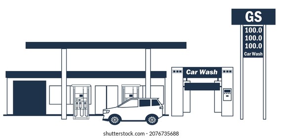 Illustration of a simple gas station building, refueling machine, car wash machine, car. Line drawing