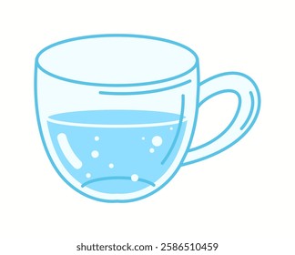 Illustration of a simple glass cup with a handle, filled with pure drinking water, promoting hydration and wellness.