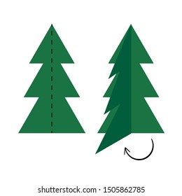 illustration of simple green Christmas tree origami scheme in vector. flat scheme of addition of the Christmas tree from triangles. 3D paper crafts with dotted line and arrow. new year symbol