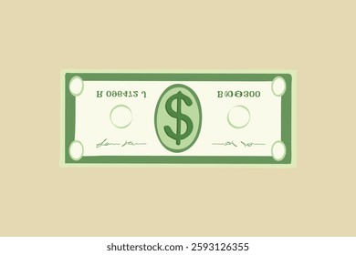 Illustration of a simple green dollar bill on a beige background. The dollar bill features a prominent dollar sign in the center. Minimalist currency design. Vector illustration.