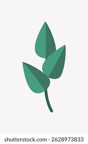 Illustration of a simple green leaf design with three leaves on a stem, set against a plain white background. Minimalist leaf art, green leaf simplicity. Leaf illustration vector.