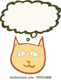 Illustration of simple grinning cat face with thought bubble over white background