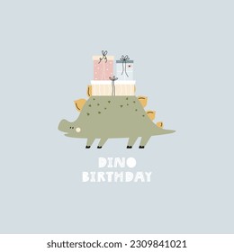 Illustration in a simple hand drawn style with a cute Birthday dinosaur and gift boxes. Funny character on a holiday greeting card. Mischief design for kids prints.