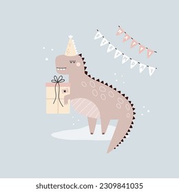 Illustration in a simple hand drawn style with a cute Birthday tyrannosaur holding gift box. Funny character on a holiday greeting card. Mischief design for kids prints.