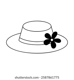 Illustration of a simple hat with band and flower outline icon isolated on white background