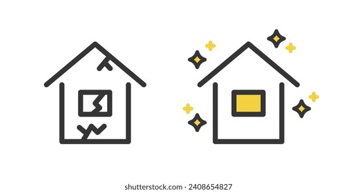 Illustration of a simple house before and after renovation.