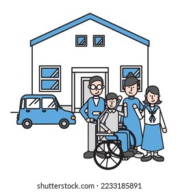 Illustration of a simple house and a family of four (L type).