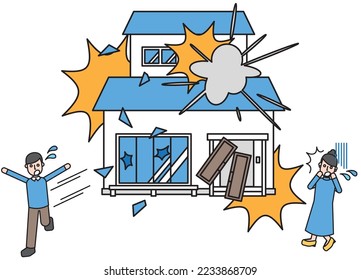 Es una ilustración de una casa simple con una explosión de gas y habitantes huyendo.