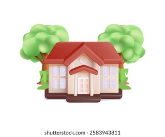 Illustration of simple house isolated on white background. Home 3d vector in a minimalistic style. Residential building illustration, real estate, appartments icon. Small cute house, village town