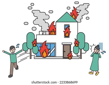 Es una ilustración de una casa simple que se incendió debido a un desastre y a que los residentes huyeron.