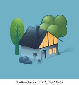 Ilustración de una casa sencilla con tres árboles