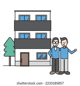 It is an illustration of a simple house and two men (J type).