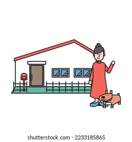 It is an illustration of a simple house, a young woman, and a pet dog (W type).