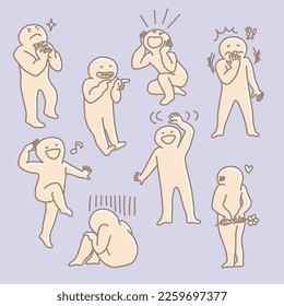 Illustration of a simple human with various expressions of emotions
