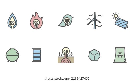 It is an illustration of a simple icon set (line drawing color) of energy.