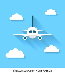 Illustration simple icons of plane and clouds with long shadows, modern flat style - vector