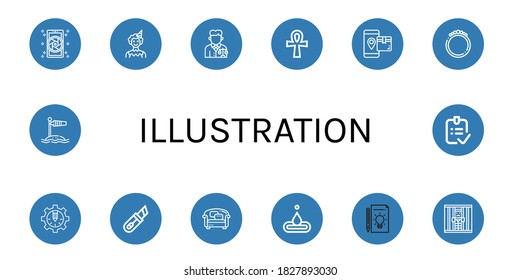illustration simple icons set. Contains such icons as Camera, Clown, Lawyer, Ankh, Smartphone, Bracelet, Gear, Cutter, Sofa, Water, Idea, can be used for web, mobile and logo