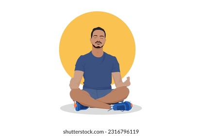 illustration simple Indian man meditating in lotus pose on an exercise mat at home. fitness, meditation, and healthy lifestyle concept